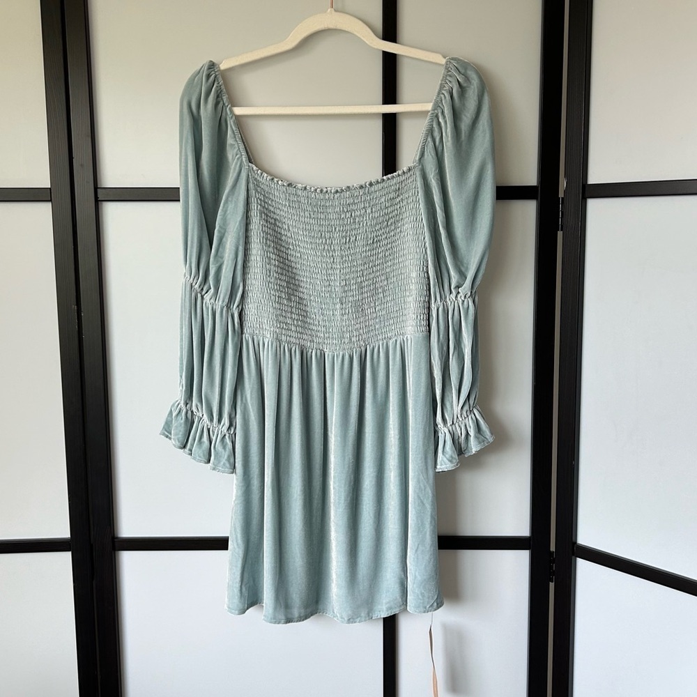 [M] BNWT Reformation Albi Dress In Turquoise Velvet Ruffle Sleeve Mini Dress - Picture 2 of 15